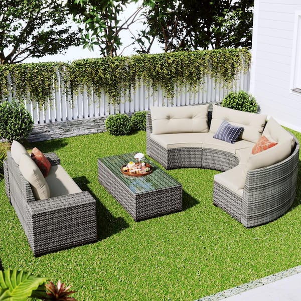 Unbranded 8-pieces Outdoor Wicker Patio Conversation Set with Beige Cushions Round Sofa Set Patio Sectional Sets with Coffee Table