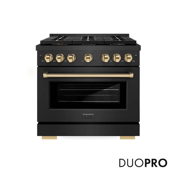 Autograph 36 in. 5.2 cu. ft. Paramount Dual Fuel Range with 6 Burner DuoPro Cooktop in Black Satin and Gold Accents