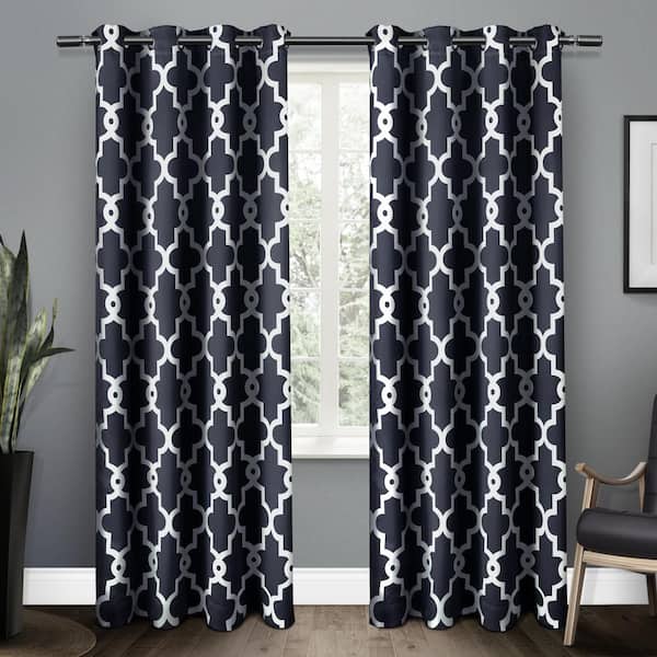 EXCLUSIVE HOME Ironwork Peacoat Blue Woven Trellis 52 in. W x 84 in. L Noise Cancelling Thermal Grommet Blackout Curtain (Set of 2)