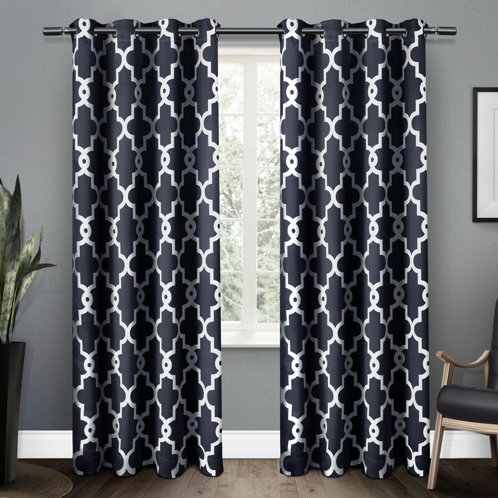 EXCLUSIVE HOME Ironwork Peacoat Blue Woven Trellis 52 in. W x 96 in. L  Noise Cancelling Thermal Grommet Blackout Curtain (Set of 2) EH8021-04 2-96G  - The Home Depot
