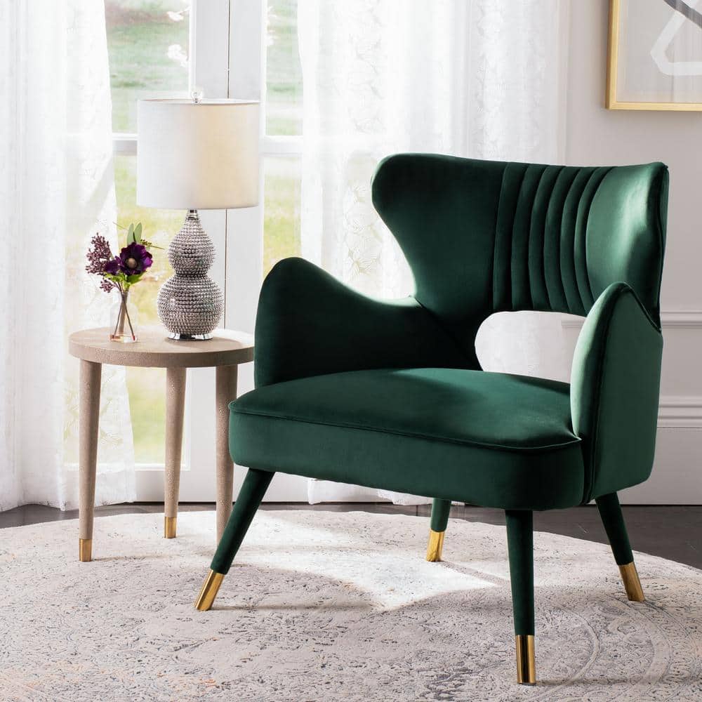 Transitional Forest Green Velvet Wingback Accent Chair with Gold Accents