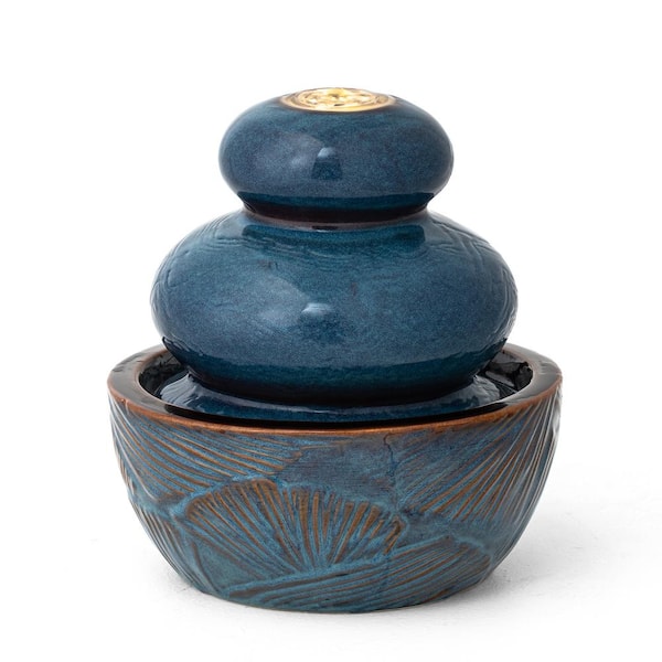 Glitzhome 8.75 in. H Turquoise Leaf Textured Ceramic Tabletop or Water Floor Fountain with Pump and LED Light