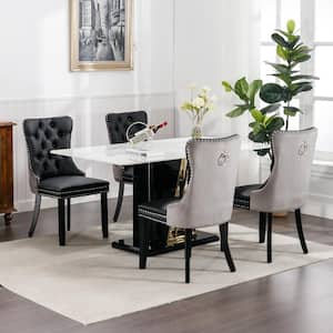Set of 2 High-End Tufted Faux Leather Dining Room Chair with Nailhead Back Ring Pull Trim Solid Wood Legs - Gray/Black