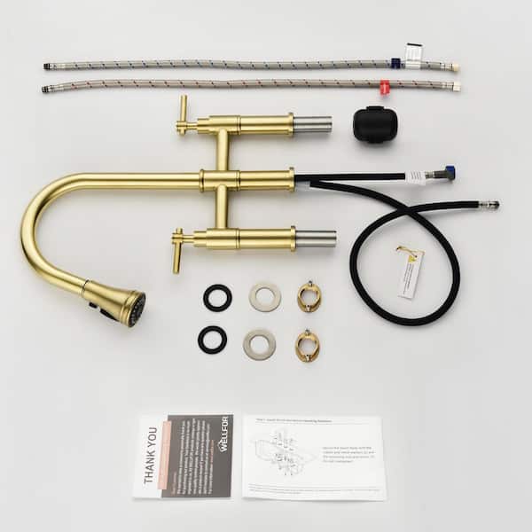 Double Handle Bridge Kitchen Faucet with Pull down Sprayhead in Brushed Gold
