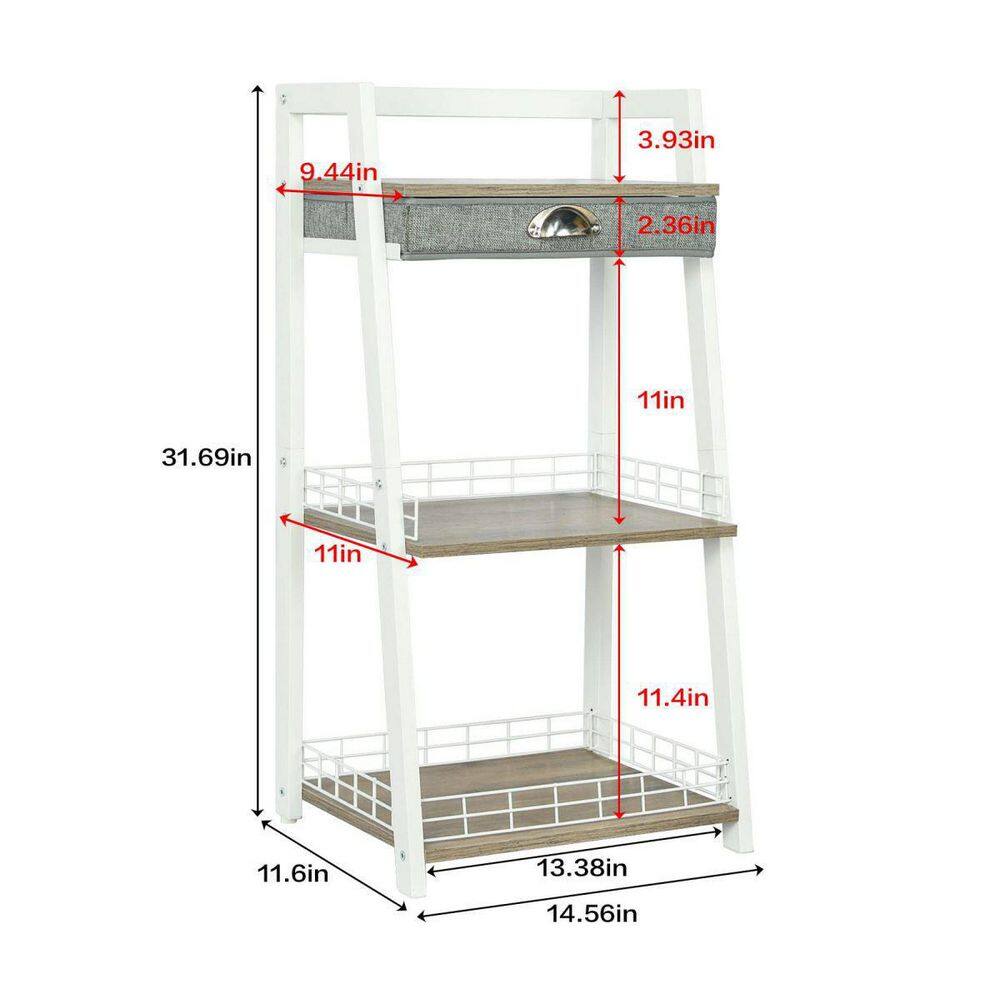 White MDF and Iron 3-Tier Freestanding Bathroom Ladder Shelf with Drawer