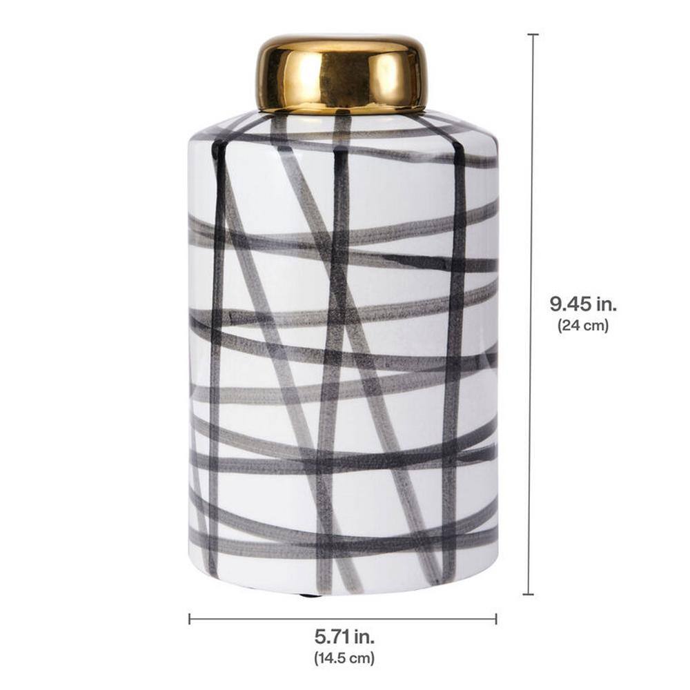 Modern Black and White Ceramic Cylinder Jar with Gold Lid