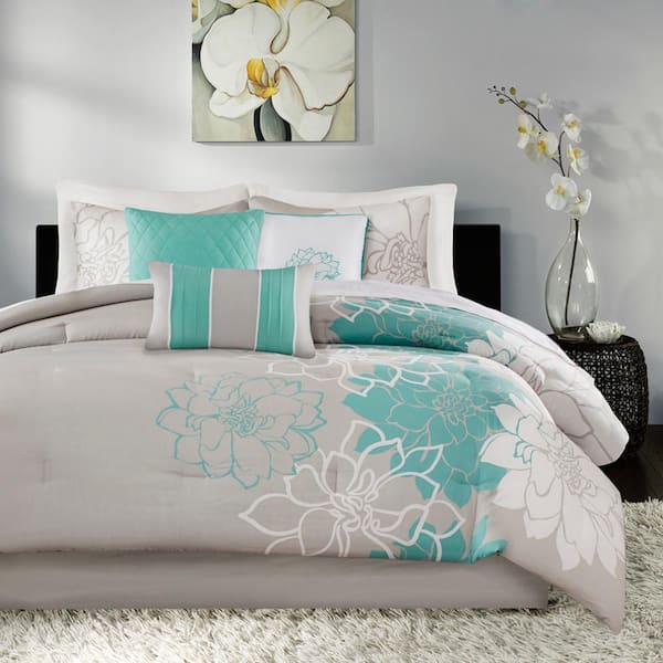 Madison Park Brianna 7-Piece Aqua Cotton Cal King Comforter Set