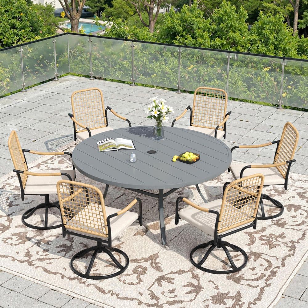 7-Piece Metal Outdoor Dining Set with 50 in. Gray Round Table and 6-Swivel Wicker Chairs with Beige Cushions price history on PriceWatchPro