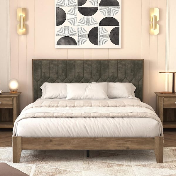 GALANO Pancus Knotty Oak with Velvet Brown Wood Frame Upholstered Queen Platform Bed with Headboard
