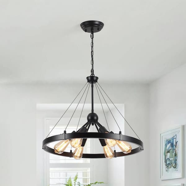 ZJVAIVE 6-Light Black Circle Wagon Wheel Chandelier Sputnik Linear Chandelier Lighting for Dining Room Kitchen Island
