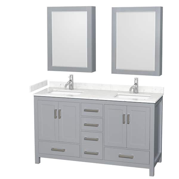 Wyndham Collection Sheffield 60 in. W x 22 in. D x 35 in. H Double Bath Vanity in Gray with Carrara Cultured Marble Top and MC Mirrors