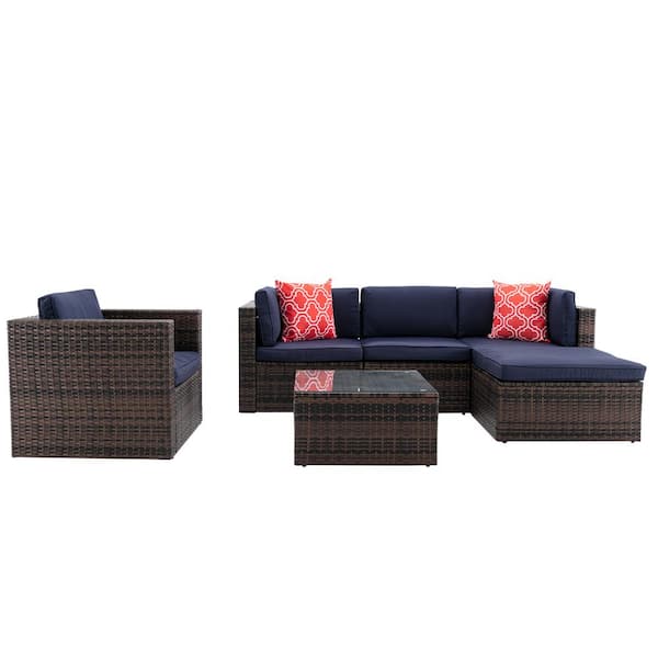 HOMEFUN 6-Piece Brown Wicker Outdoor Sectional Sofa Set with Navy Blue Cushions Ottoman and Coffee Table