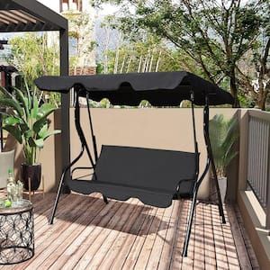 3-Person Metal Porch Swing with Adjustable Canopy, Soft Cushions and Feet Pads-Black