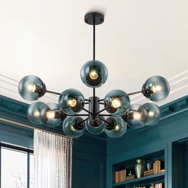 HUOKU Ceder 12-Light 35.4 in.W Blackand Blue Modern Sputnik Tiered Chandelier with Gradient Blue Glass for Living Room