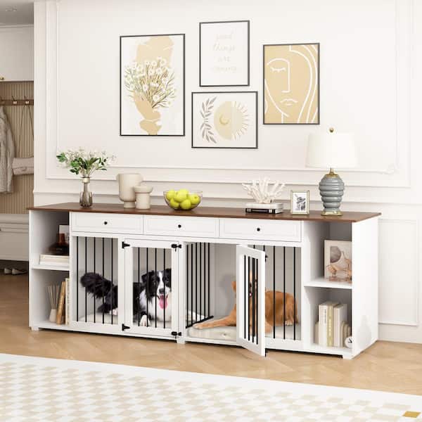 WIAWG Wooden Large Dog Crate Furniture, Upgrade Dog Kennel with 3-Drawers, Double Dog Cage with Removable Irons for 2 Dogs, White