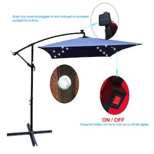 Rectangular 10 ft. Steel Outdoor Market Patio Umbrella in Navy Blue with Solar Powered LED Light, Crank and Cross Base