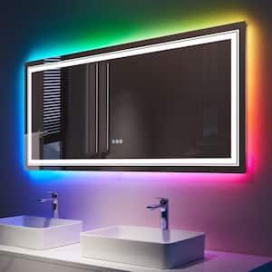 84 in. W x 32 in. H Rectangular Frameless LED Anti Fog Backlit and Front Lighted Wall Bathroom Vanity Mirror in RGB