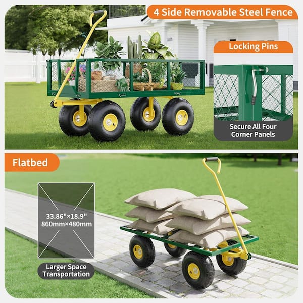 12 cu. ft. 900 lbs. Green & Yellow Steel Garden Cart with 10 in