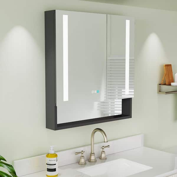 ES-DIY 30 in. W x 32 in. H Medium Rectangular Black Aluminum Recessed/Surface Mount Medicine Cabinet with Mirror and LED