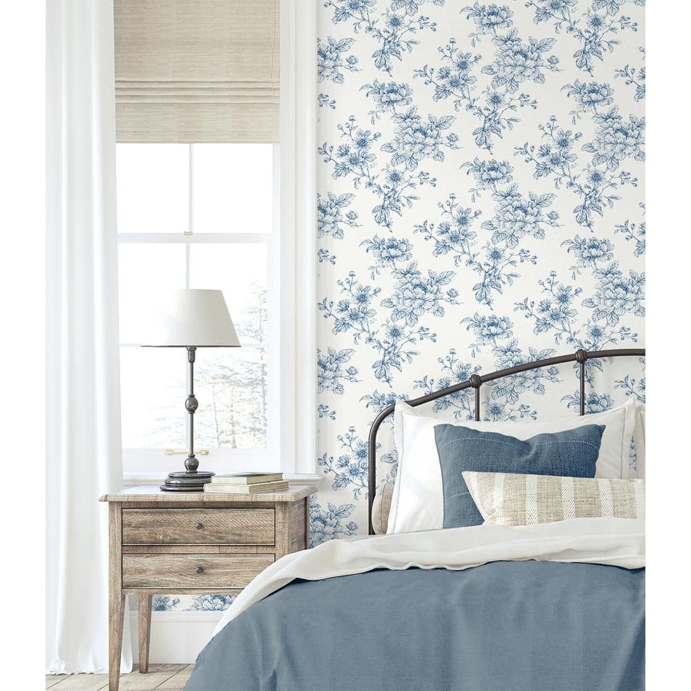 Blue Floral Vinyl Self-Adhesive Peel and Stick Wallpaper Roll