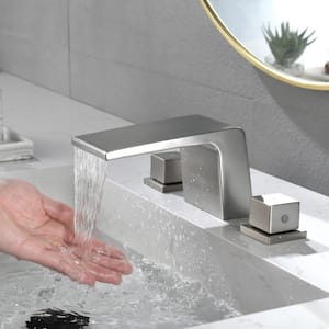 8 in. Waterfall Widespread 2-Handle Bathroom Faucet Waterfall Spout Center Wide-Spread Faucet in Brushed Nickel