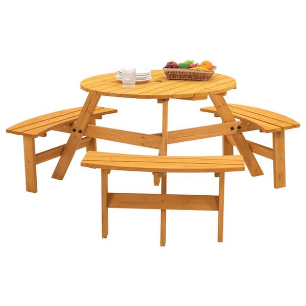Unbranded 66.92 in. W Natural Round Wood Outdoor Picnic Table Seats 6-People with Umbrella Hole with 3-Built-in Benches