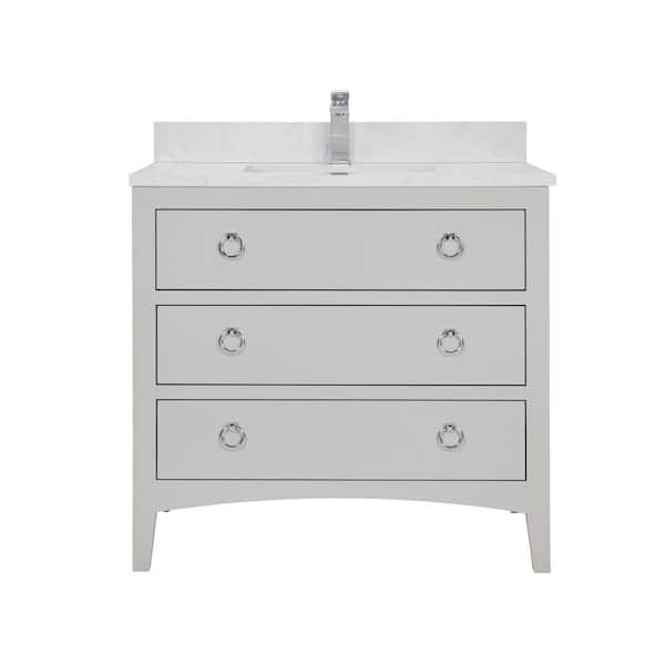 French Contemporary 36in. 1 Freestanding Silver Strand Bath Vanity with White Artificial Stone Top Assembled Bath Vanity