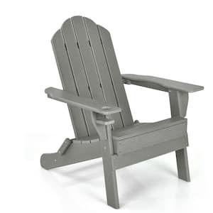 PE Folding Plastic Adirondack Chair with Built-In Cup Holder-Gray