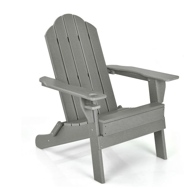 ANGELES HOME PE Folding Plastic Adirondack Chair with Built-In Cup Holder-Gray