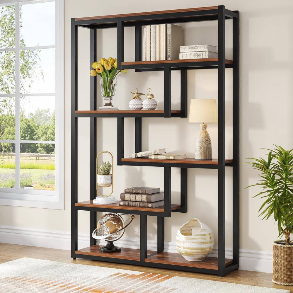 69" Walnut and Black Industrial 6-Tier Bookshelf with Staggered Shelves
