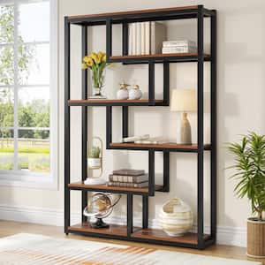 Turrella 69 in. Tall Dark Walnut Wood 6-Shelf Bookcase with Staggered Shelves