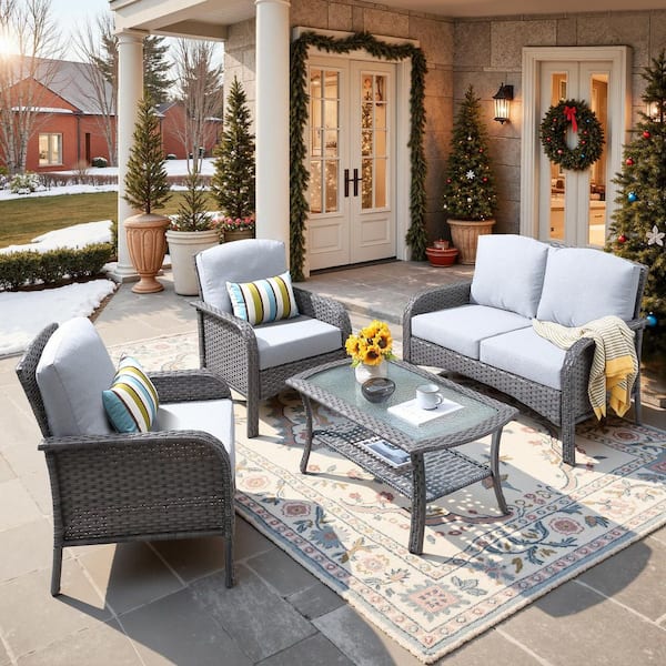 Toject Denali Gray 4-Piece 4-Seat Wicker Modern Outdoor Patio Conversation Sofa Seating Set with Light Gray Cushions