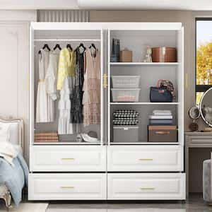 White Wooden 63 in. W 4-Door Super Large Bedroom Armoire Wardrobe with Hanging Bars, Drawers, Storage Shelves