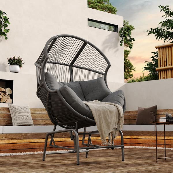1-Person Dark Gray Wicker Outdoor Glider with Gray Cushion, Ergonomic Glider Chair