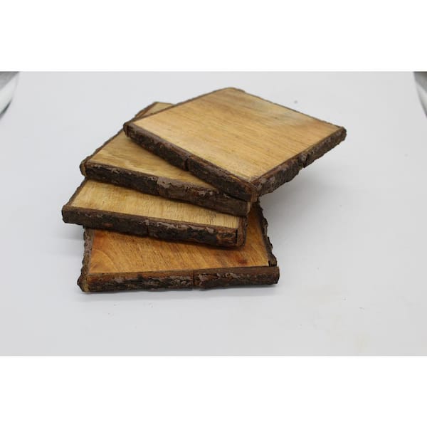 4-Piece Light Brown Wood with Bark Edge Coasters, Browns/Tans