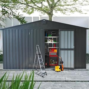 11 ft. W x 9 ft. D Outdoor Metal Shed Tool Storage Room with Steel Frame, Windows, Lockable Door, Dark Gray (99 sq. ft.)