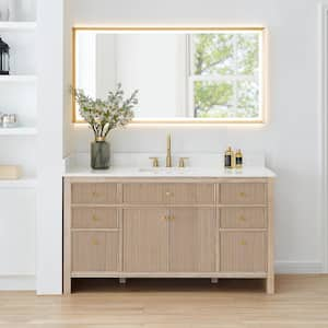 Cerrito 60" Single Sink Freestanding Nature Oak Bath Vanity with Grain White Engineered Stone Top Assembled and Mirror