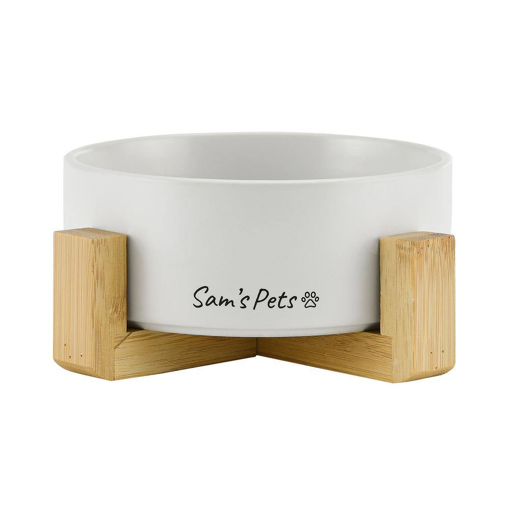 5.11 in. Coco Single Pet Bowl with Wood Stand in White