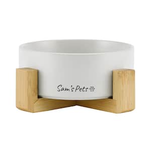 5.11 in. Coco Single Pet Bowl with Wood Stand in White