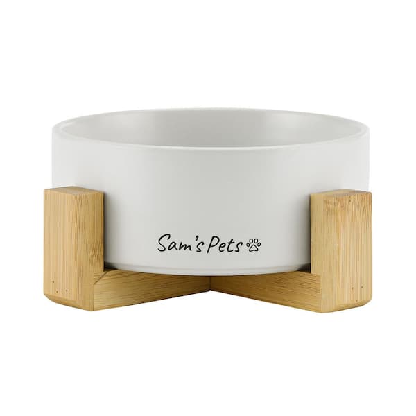 Sam's Pets 5.11 in. Coco Single Pet Bowl with Wood Stand in White