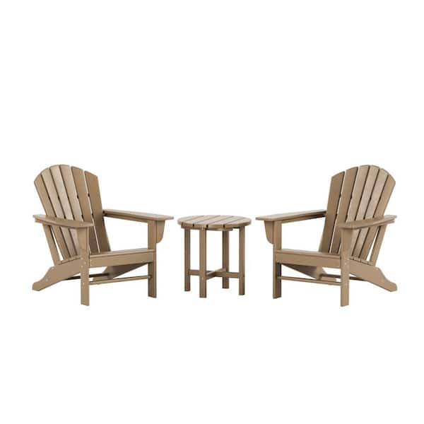 Mason Weathered Wood 3-Piece Poly Plastic Outdoor Patio Classic Adirondack Fire Pit Chair Set W/ 2-Chairs and Side Table
