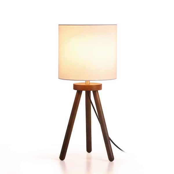 Keazile Daisy 18 in. Walnut Tripod Table Lamp with White Round Shade and E26 Bulb Base