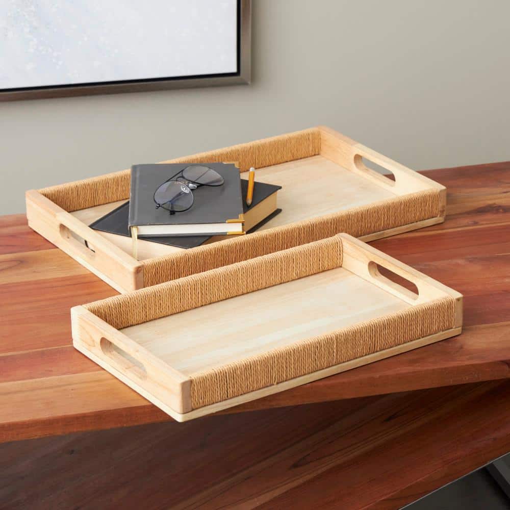 Light Brown Handmade Wood Decorative Tray with Wrapped Rope Edges and Slit Handles Set of 2 price history on PriceWatchPro