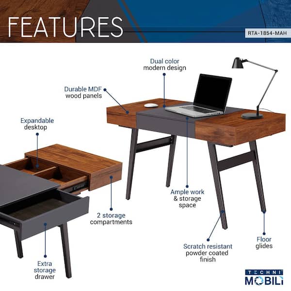 TECHNI MOBILI 52 in. Rectangular Mahogany/Gray 1 Drawer Writing