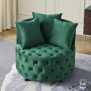 Green Velvet Upholstered Accent Swivel Chair Barrel Living Room Chair with Button Tufted Cushions and 3-Pillows