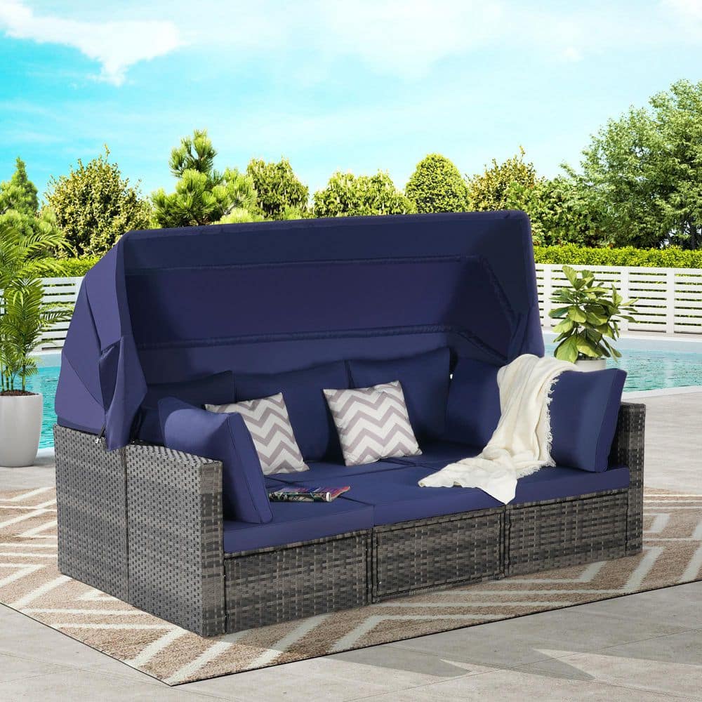 5-Piece Wicker Outdoor Sectional Set with Sunbrella Dark Blue Cushions for Patio Backyard Porch price history on PriceWatchPro