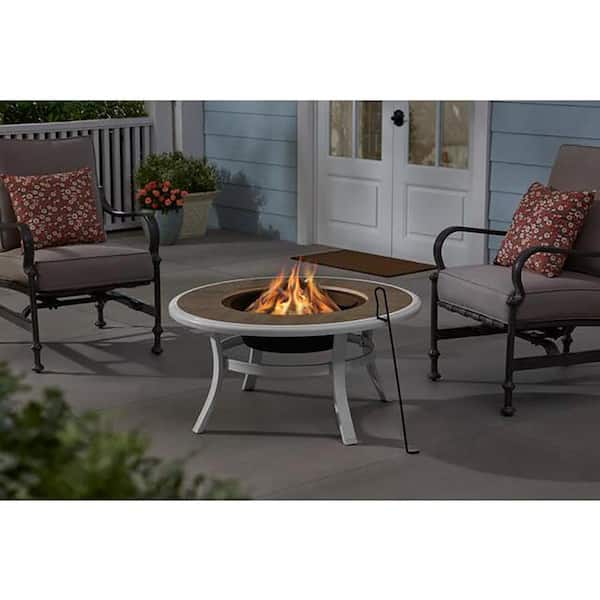 Hampton Bay Whitfield 38 in. Round White Steel Wood-Look Tile Top Wood Burning Fire Pit