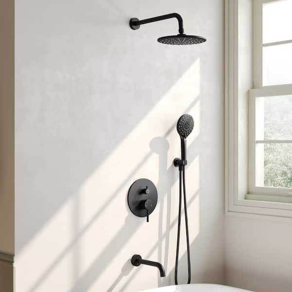 EVERSTEIN 1-Handle 3-Spray Wall Mount Round Tub and Shower Faucet with 10 in. Shower Head in Matte Black (Valve Included)