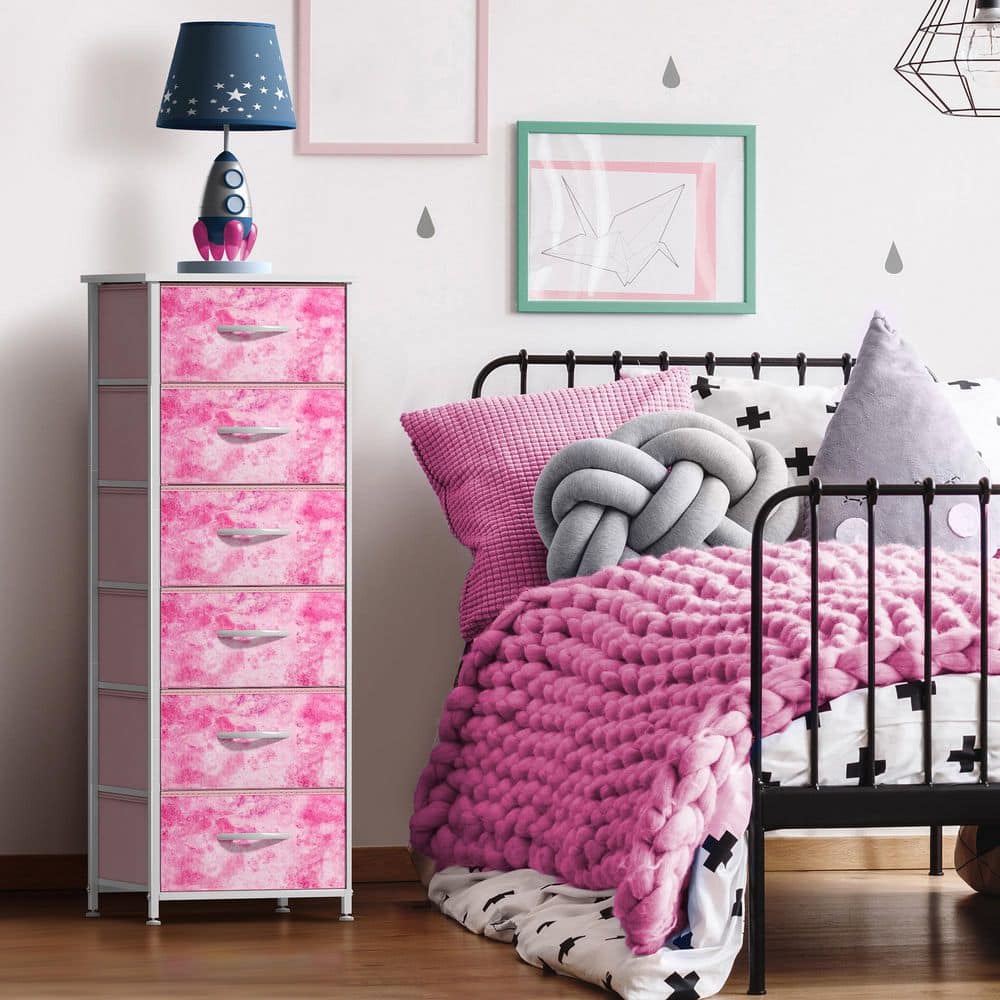 Tie-Dye Pink 6 Drawer 15.75 in Wide Chest of Drawers, Tall Dresser with Ste