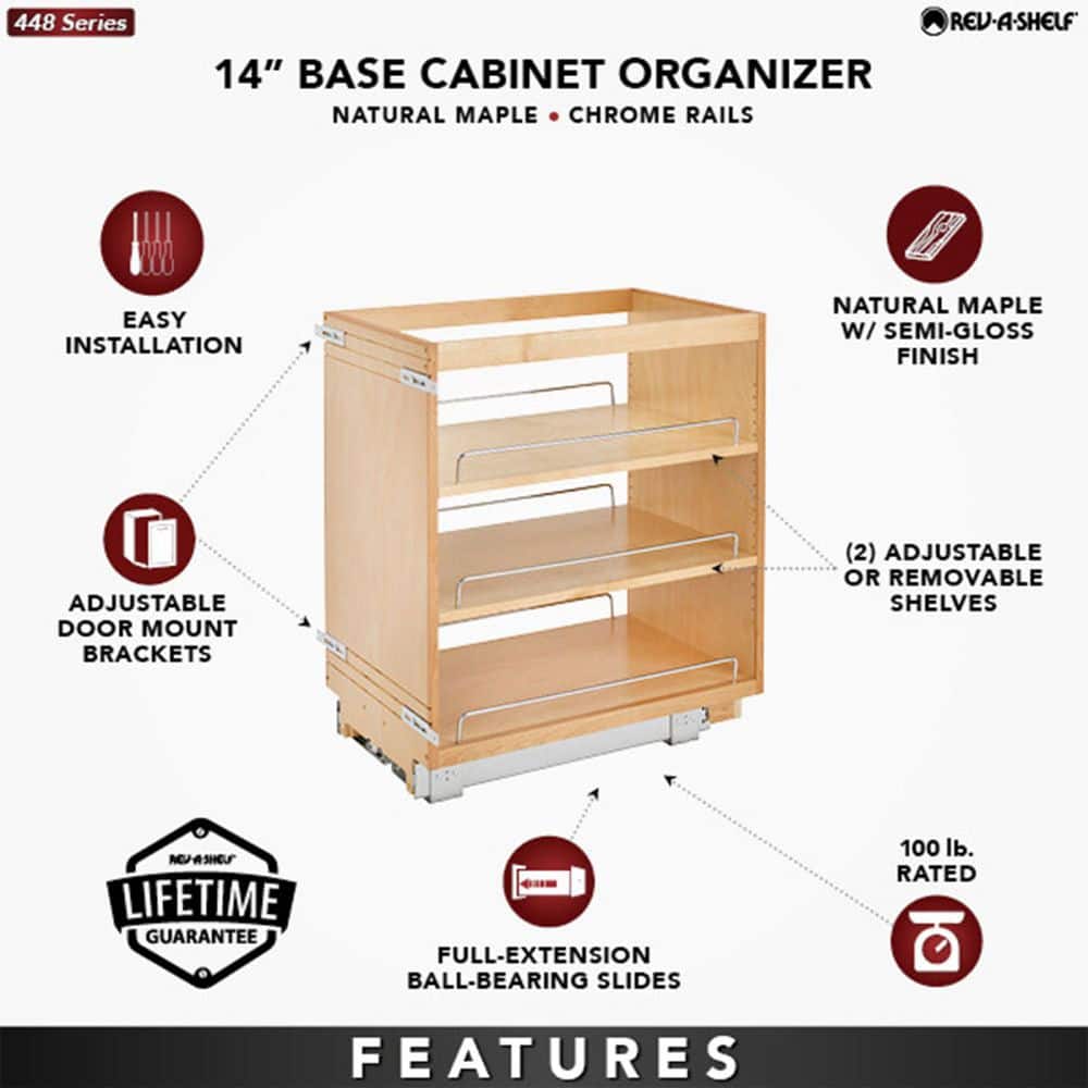 Natural Maple 14-Inch Pullout Kitchen Cabinet Organizer with Adjustable Shelves